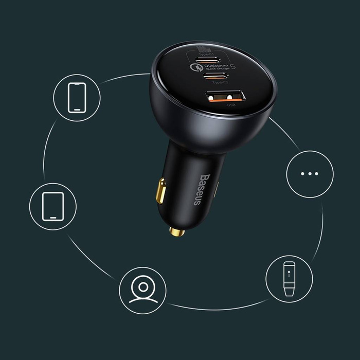Technologie Baseus Qualcomm® Quick Charge™ 5 Víceportová rychlonabíjecí nabíječka do auta C + C + U 160W sada Šedá ）