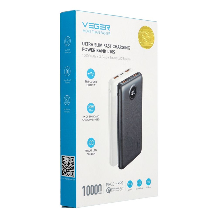 VEGER powerbank 10000 mAh PD QC3.0 2A 20W L10S (W1105PD) biały