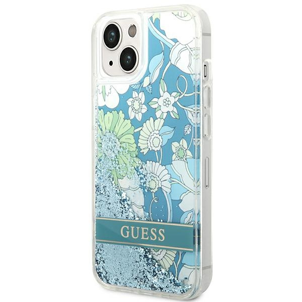 Hülle GUESS Apple iPhone 14 Blume Liquid Glitter Grün Hartcase