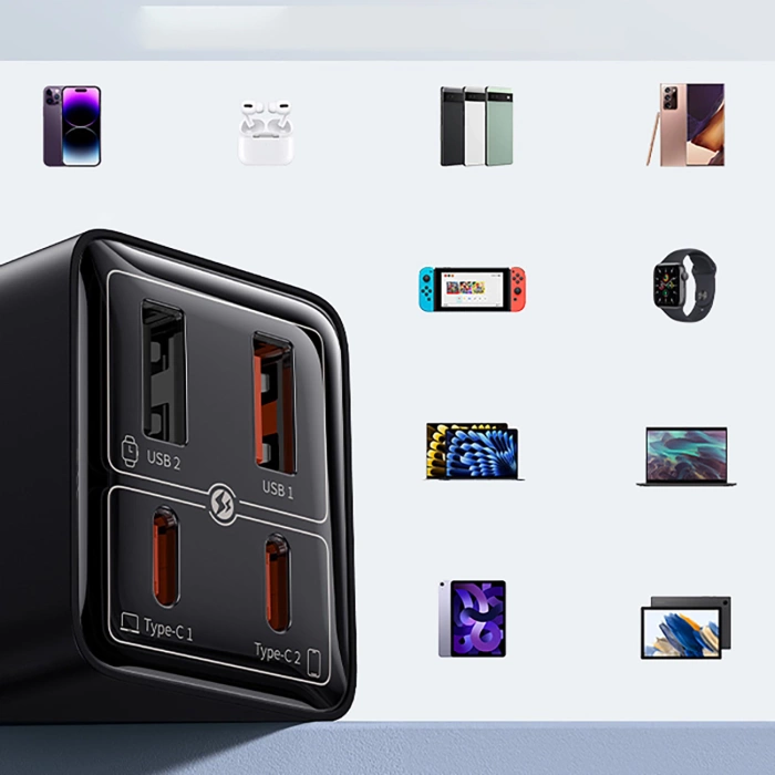 Baseus GaN6 Pro Ladegerät 65W 2 x USB-C 2 x USB-A mit schwarzem USB-C-Kabel 100W 1m - Schwarz