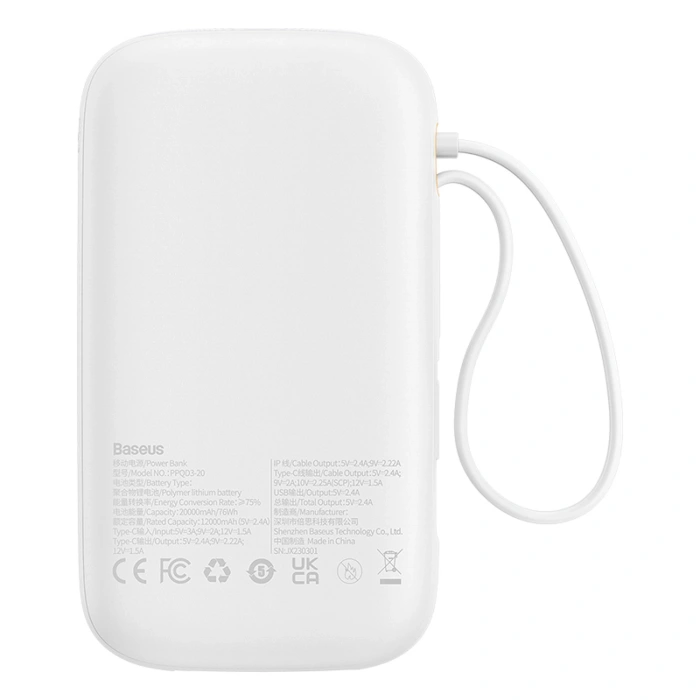 Powerbank Baseus Qpow2 20000mAh 22,5W z podwójnym kablem z wyświetlaczem cyfrowym + kabel Baseus Simple USB-C 3A 0,3m (biały) - biały