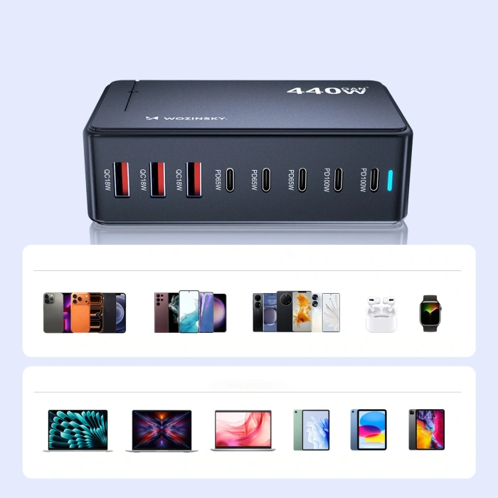 Stacja ładująca Wozinsky 240W GaN QC3 - czarna