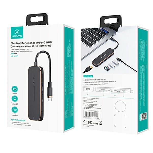 USAMS Adapter HUB 2xUSB + USB-C + HDMI + Micro SD+SD schwarz/schwarz SJ575HUB01 (US-SJ575)