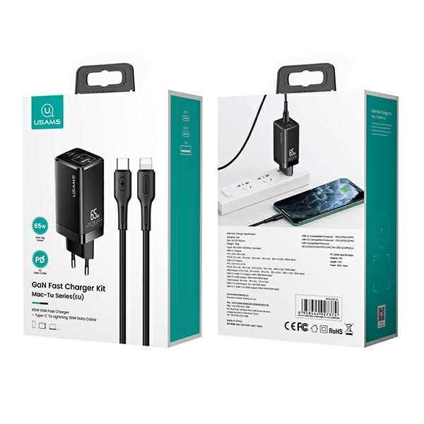 Caricatore USAMS 2xUSB-C USB-A GaN 65W MT PD Cavo USB-C Apple Lightning 30W Fast Charging MTXLOGTL01 Nero
