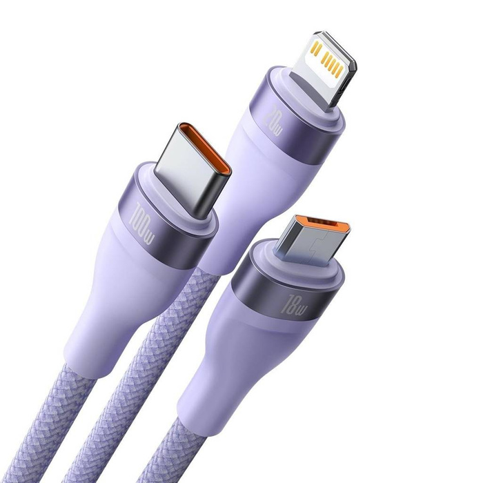 Baseus Flash Series II Cable USB Tipo C / USB Tipo A - USB Tipo C / Lightning / micro USB 100 W 1,2 m violeta (CASS030105)