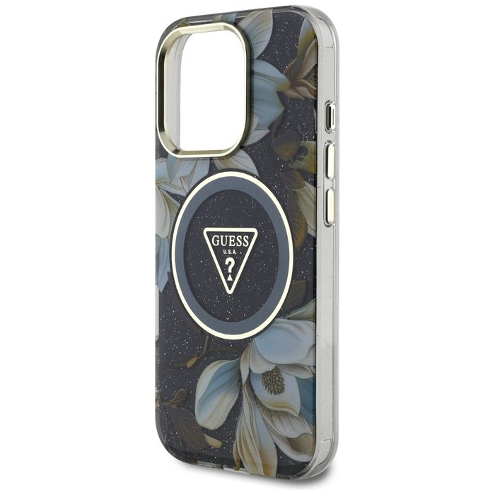 Etui Guess Glitter Flowers Triangle       Buttons MagSafe do iPhone 16 Pro czarny