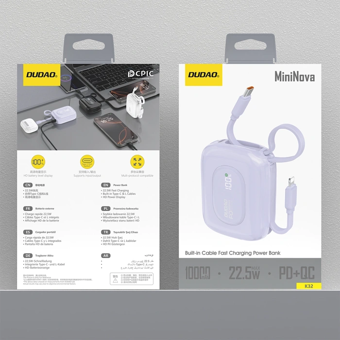 Powerbank Dudao K32 22,5W 10000 mAh z wbudowanym kablem USB-C/Lightning - fioletowy