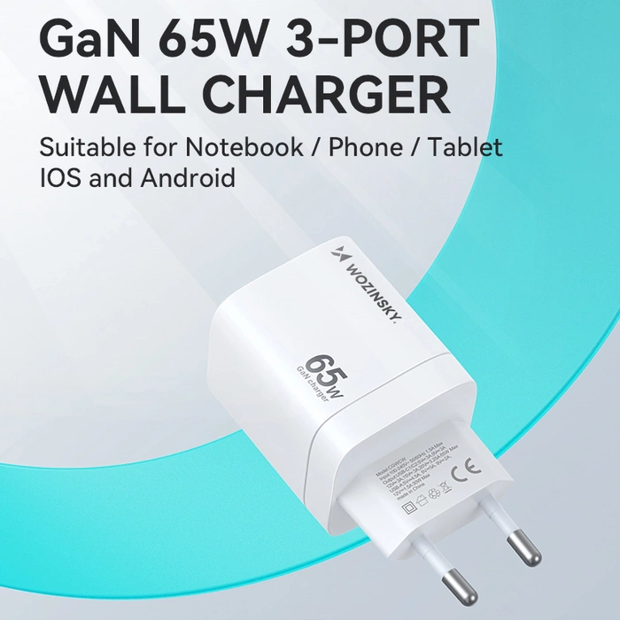 Caricatore da muro Wozinsky CGWCW USB-A / 2 x USB-C GaN da 65 W - bianco