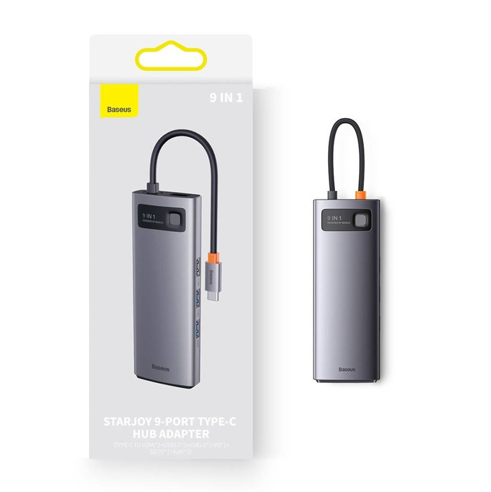 Station d&#39;accueil Baseus Metal Gleam Series HUB 9 en 1 USB Type C - 2 x HDMI / 2 x USB 3.2 Gen. 1/1 x USB 2.0 / 1 x Power Delivery / 1 x lecteur de carte SD / 1 x lecteur de carte TF / 1 x RJ-45 gris (WKWG060013)