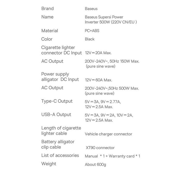 Baseus inverter di potenza per auto 150W 12V / 500W 220V (spina EU e CN) nero (CGNB000101)