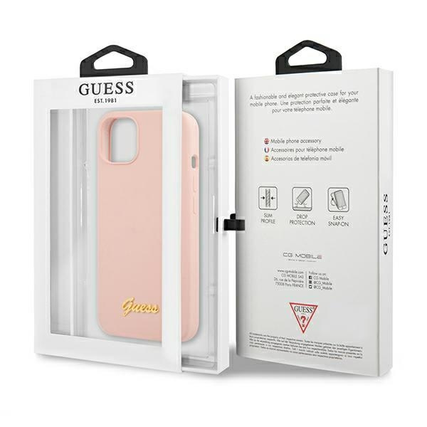 Hülle GUESS Apple iPhone 13 Silikon Script Gold Logo MagSafe Rosa Hartcase