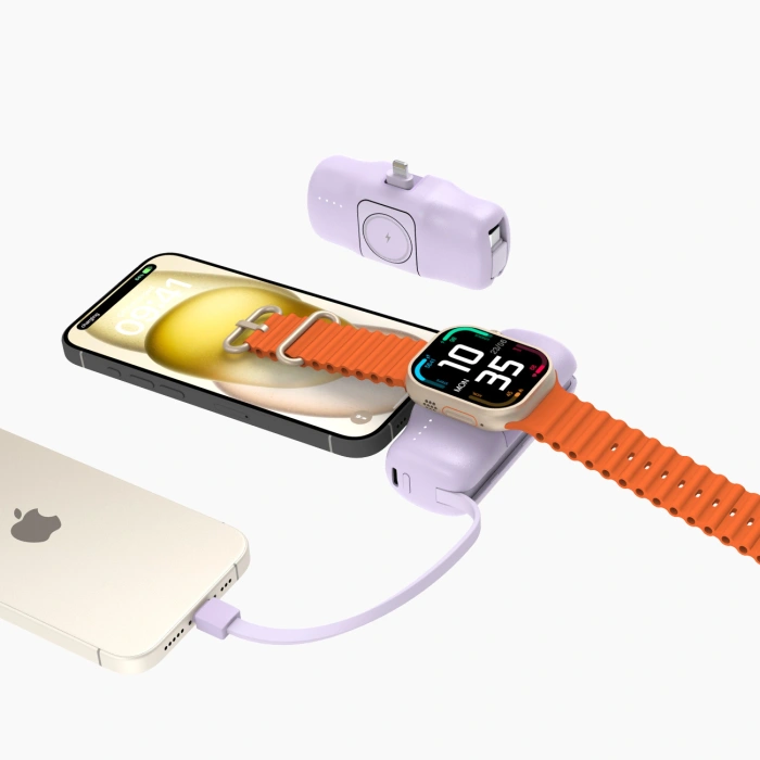 Mini powerbank Wozinsky WF16-YLS 5000mAh 15W Lightning z wbudowanym kablem USB-C i ładowarką do Apple Watch - fioletowy