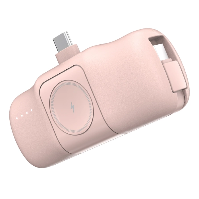 Wozinsky WF16-YCS 5000 mAh 15 W USB-C-Mini-Powerbank mit integriertem USB-C-Kabel und Apple Watch Ladegerät – Pink