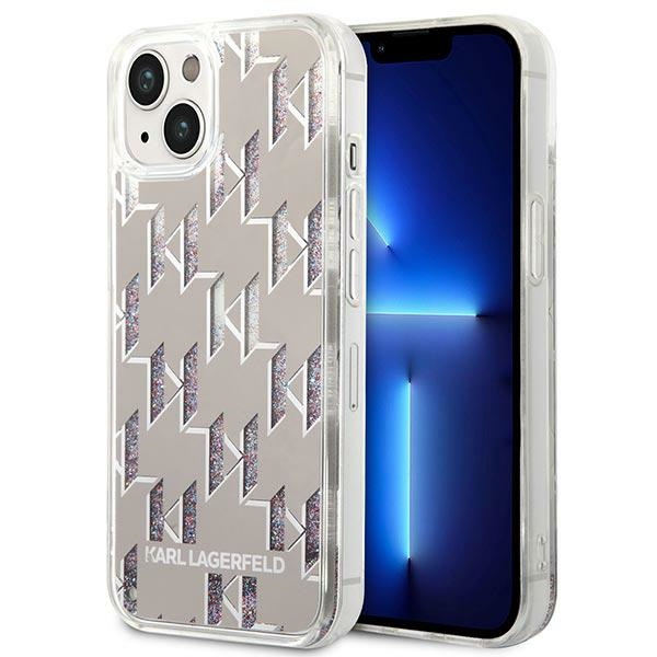 Hülle KARL LAGERFELD Apple iPhone 14 Plus Liquid Glitter Monogramm Silber Hartcase