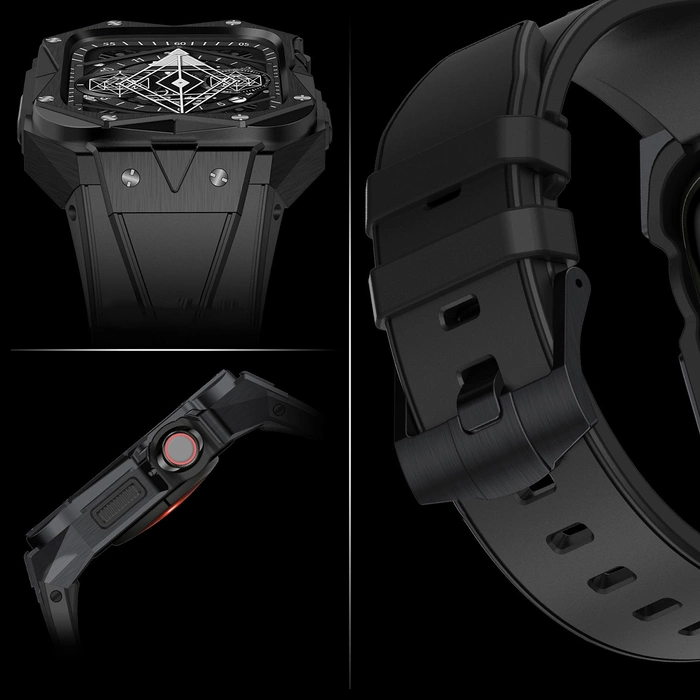 [B WARE] Kingxbar CYF140 2in1 Panzergehäuse für Apple Watch 9, 8, 7 (45 mm) aus Edelstahl mit Armband, schwarz