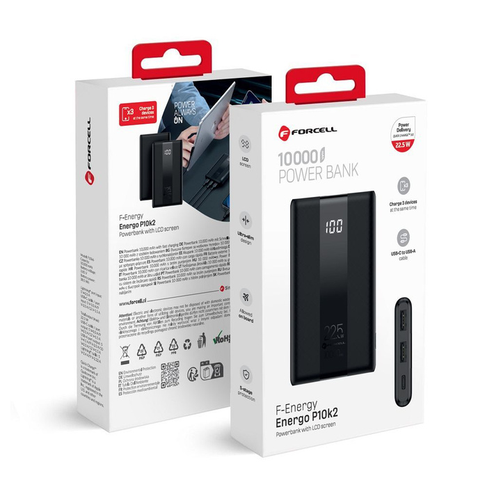Powerbank Forcell F-Energy Energo P10K2 QC3.0 PD 3A 22,5W 10000 mAh czarny 0INT