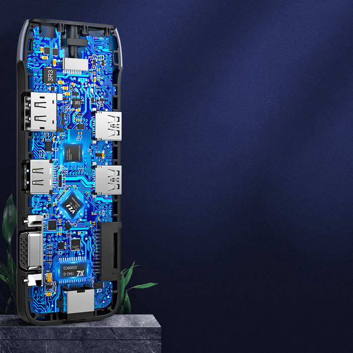 HUB multifunzione Ugreen 9in1 USB tipo C - HDMI, DP, VGA, 2 x USB, RJ45 Ethernet, lettore di schede SD / TF, USB tipo C PD 100W grigio (CM274)