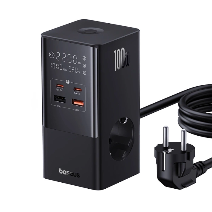 Baseus PowerCombo Tower Charging Station 100W 2 x EU + 2 x USB-A + 2 x USB-C 1.5m - Black
