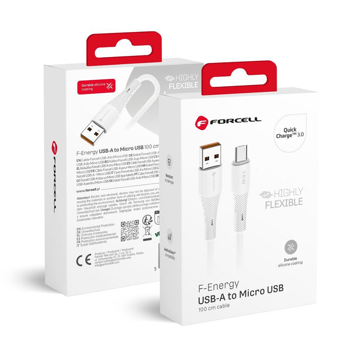 Kabel USB A do Micro USB Forcell F-Energy QC3.0 2,4A 18W Silicone 1 m C341 biały