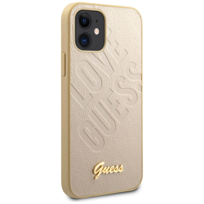 Puzdro GUESS Apple iPhone 12 Mini 5.4 Iridescent Love Script Gold Logo GUHCP12SPUILGLG Zlatý pevný obal