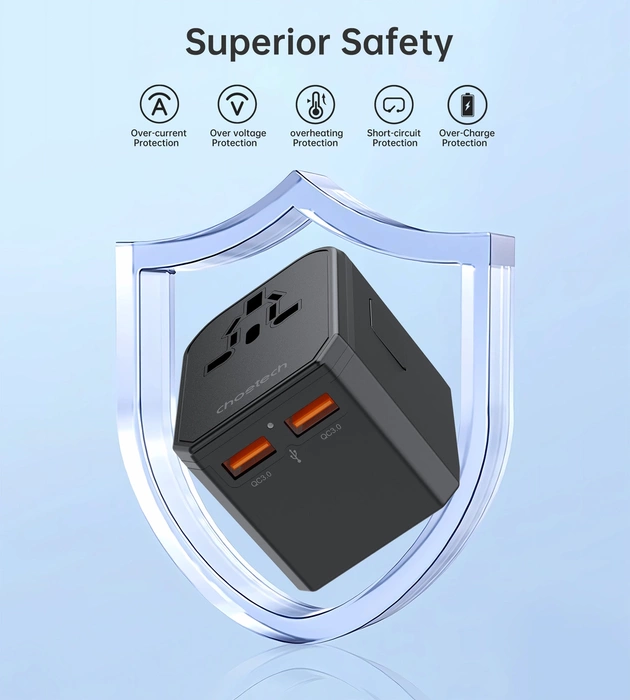 Choetech PD6041 USB-C USB-A PD 30W Chargeur de voyage avec 4 prises US EU UK AU - Noir