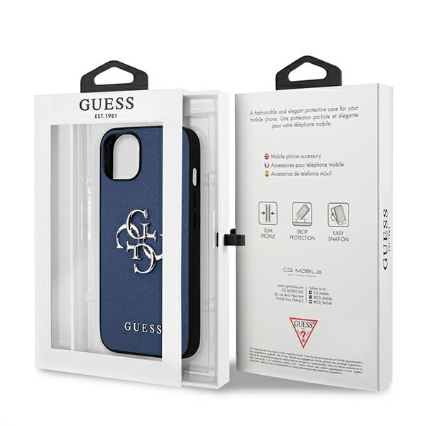 Pouzdro GUESS Apple iPhone 13 Mini Saffiano 4G Metal Logo Blue Hardcase