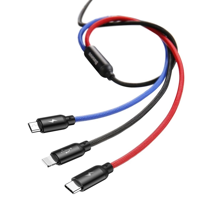 Cavo USB 3in1 Baseus Three Primary Colors - micro USB / Lightning / USB-C nylon intrecciato 3.5A 1.2M nero (CAMLT-BSY01)