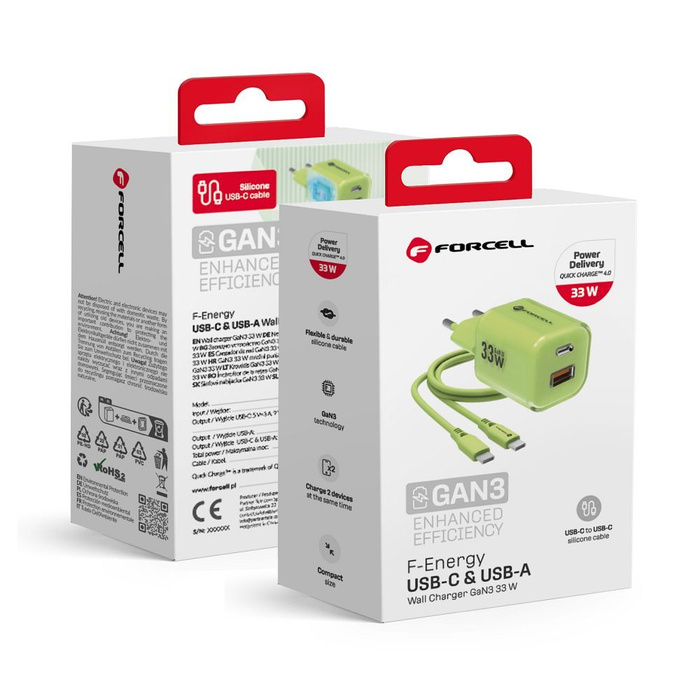 Ładowarka sieciowa do telefonu Forcell F-Energy GaN III Crystal Color USB C + USB A QC4.0 PD 33W + kabel USB C do USB C VT-41 zielona 0INT