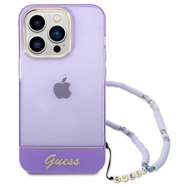 Hülle GUESS Apple iPhone 14 Pro Translucent Pearl Strap Lila Hartcase