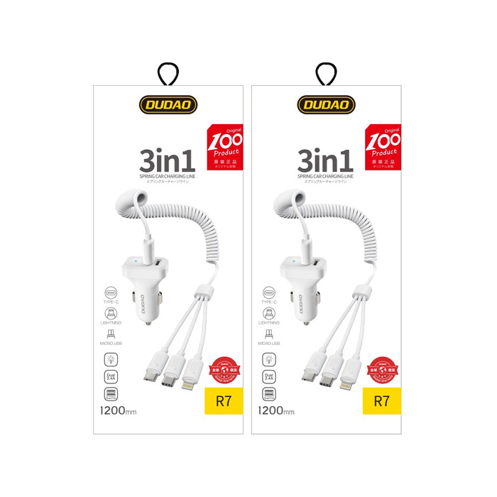 Caricabatterie kit per auto Dudao 2x USB 2.4A + cavo USB 3in1 Lightning / Tipo C / cavo micro USB bianco (R7 bianco)