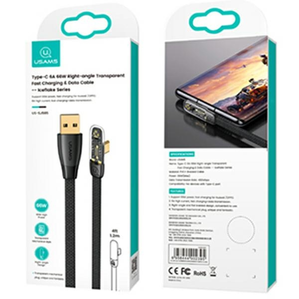 USAMS Kabel úhlové USB na USB-C PD 6A 66W rychlé nabíjení Iceflake Series 1,2 m černá/černá SJ585USB01 (US-SJ585)