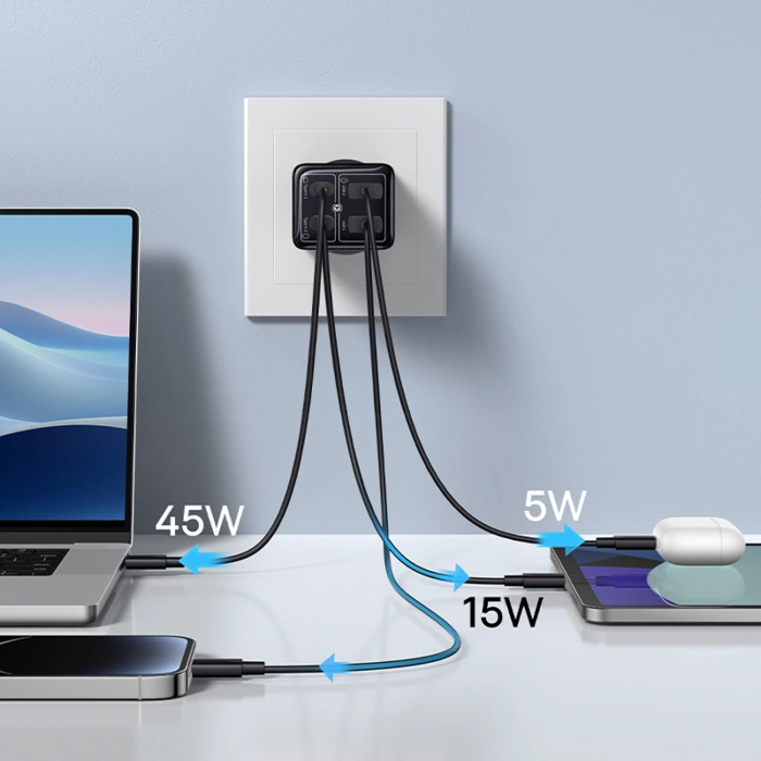 Baseus GaN6 Pro Ladegerät 65W 2 x USB-C 2 x USB-A mit schwarzem USB-C-Kabel 100W 1m - Schwarz