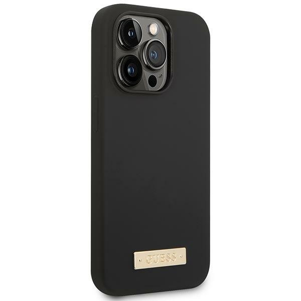 Case Guess iPhone 14 Pro Max 6.7" black/black hard case Silicone Logo Plate MagSafe