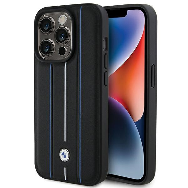 Coque Bmw Bmhcp15l22rvsk IPhone 15 Pro 6.1" Black/Black Hardcase Leather Stamp Blue Lines Case