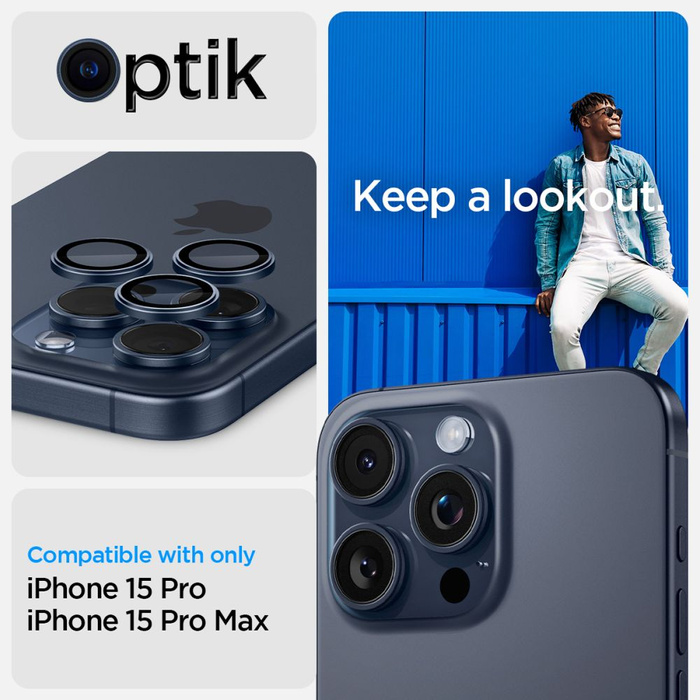 Spigen iPhone Protector de cámara Optik.tr "ez Fit" Protector de cámara 2-pack 14 Pro / Pro Max / 15 Pro / Pro Max Azul Titanio