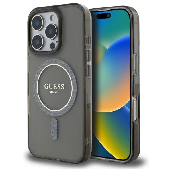 Etui Guess iPhone 16 Pro Max czarny/black hardcase IML Glitter Circle MagSafe
