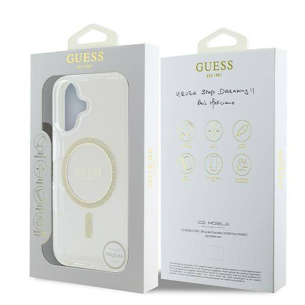 Etui Guess iPhone 16 6.1" przeźroczysty/transparent hardcase IML Glitter Circle MagSafe
