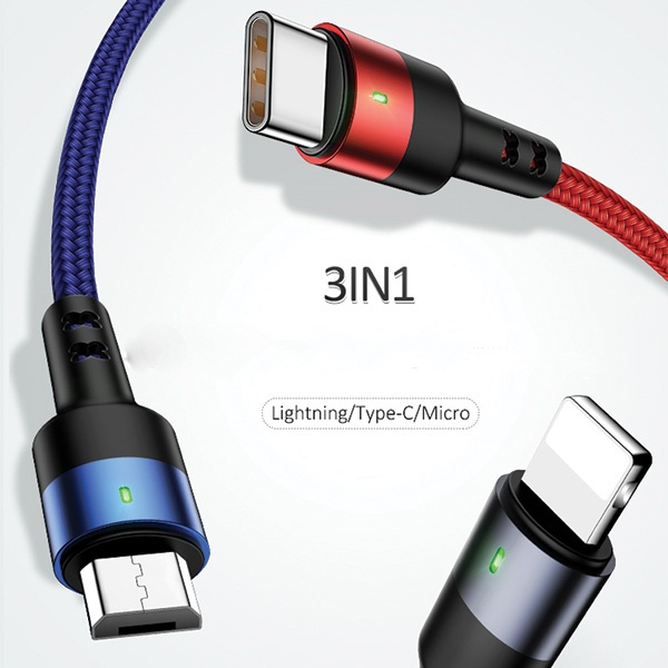 Kábel Opletený USAMS 3v1 Lightning MicroUSB USB-C 2A Fast Charge 0,35 m čierny