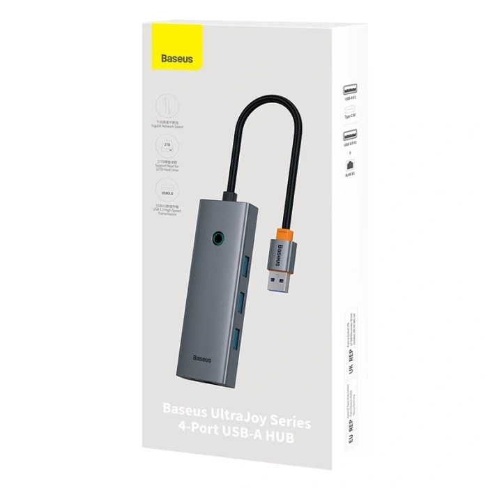 Hub Baseus UltraJoy Series Lite 4-Port (USB do USB 3.0*3+RJ45*1+USB-C 5V) (szary)