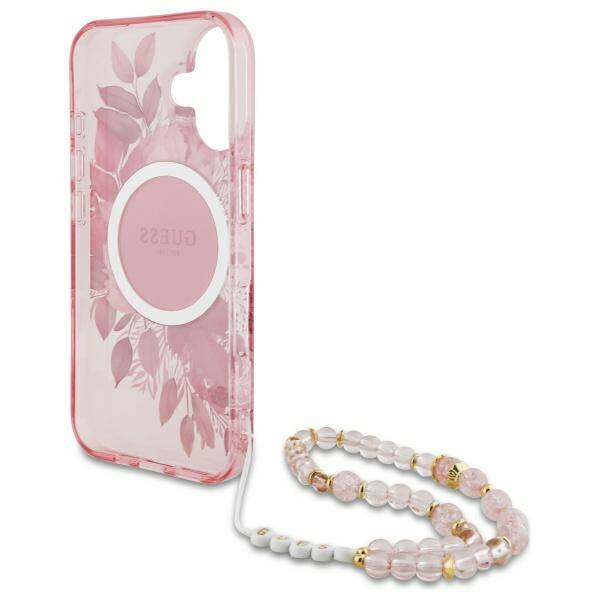 Etui Guess iPhone 16 Plus 6.7" różowy/pink hardcase IML Flowers With Pearl Strap MagSafe