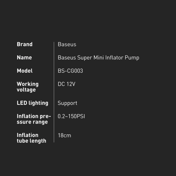 Baseus CRCQ000001 Mini Tire Compressor for Cigarette Lighter Socket - Black