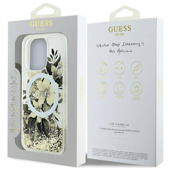 Etui Guess iPhone 16 Pro 6.3" beżowy/beige hardcase Liquid Glitter Flower MagSafe