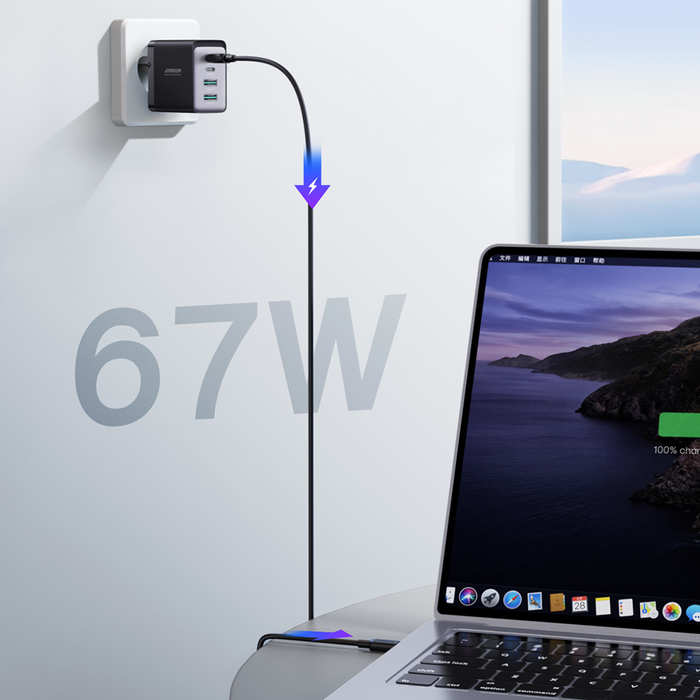 Joyroom nabíječka GaN 67W 4 porty (2x USB, 2x USB C) černá (TCG02) + kabel USB C - USB C 100W 1,2m