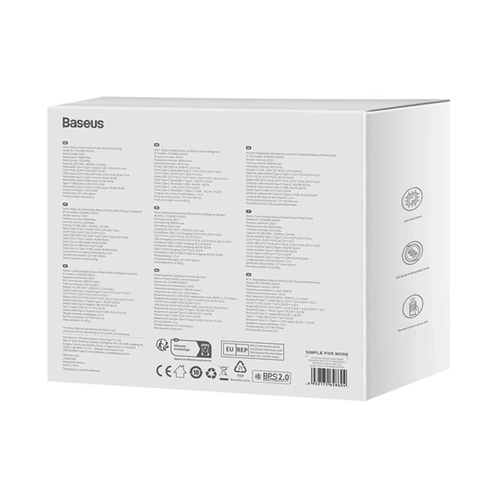 Baseus PowerCombo Charging Station 65W 1.5m 2 x EU + USB-A + USB-C + Retractable USB-C Cable - White