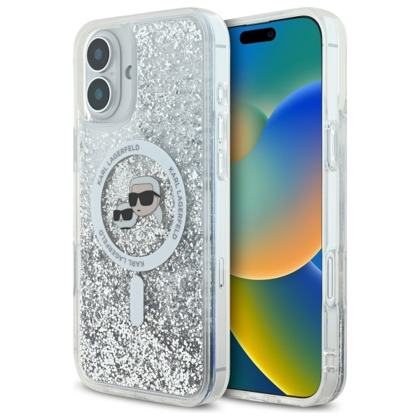 Etui Karl Lagerfeld iPhone 16 6.1" hardcase transparent Liquid Glitter Karl&Choupette Head Magsafe