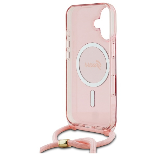 Etui Guess iPhone 16 różowy/pink hardcase Crossbody Cord Script MagSafe