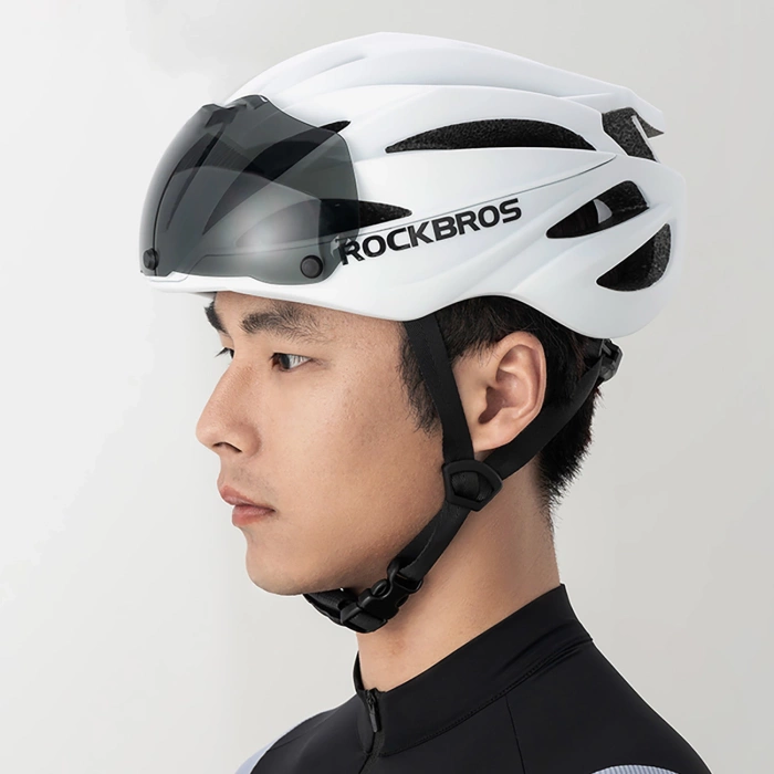 Rockbros Bike Helmet with Visor, Detachable UV Protective Goggles, Unisex, Matte - White