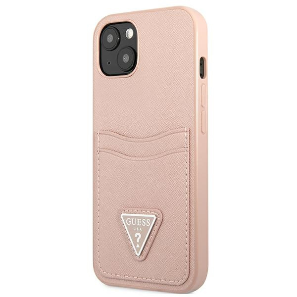 Hülle GUESS Apple iPhone 13 Saffiano Dreieck Logo Kartenslot Rosa Hartcase