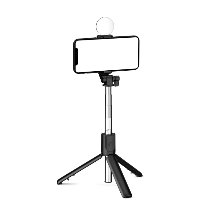 Selfie-Stick WH1YXS Teleskopstativ 1 m mit runder Lampe und Telefonhalter – Schwarz