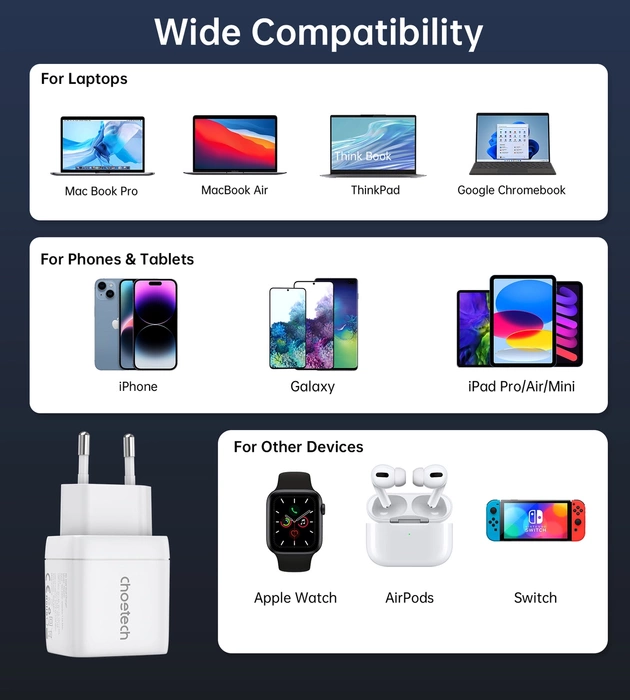 Choetech PD6051 Caricatore da muro 2x USB-C PD 35W GaN con display - bianco